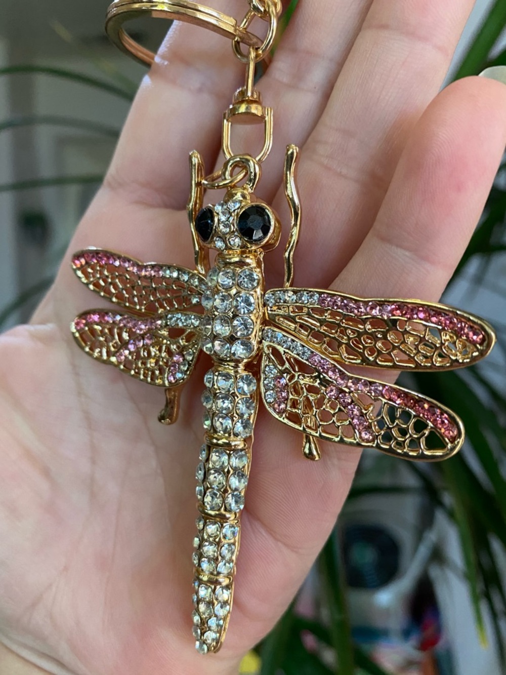 Gold Crystal Dragonfly Keychain Pendant - Pink & Clear Accent